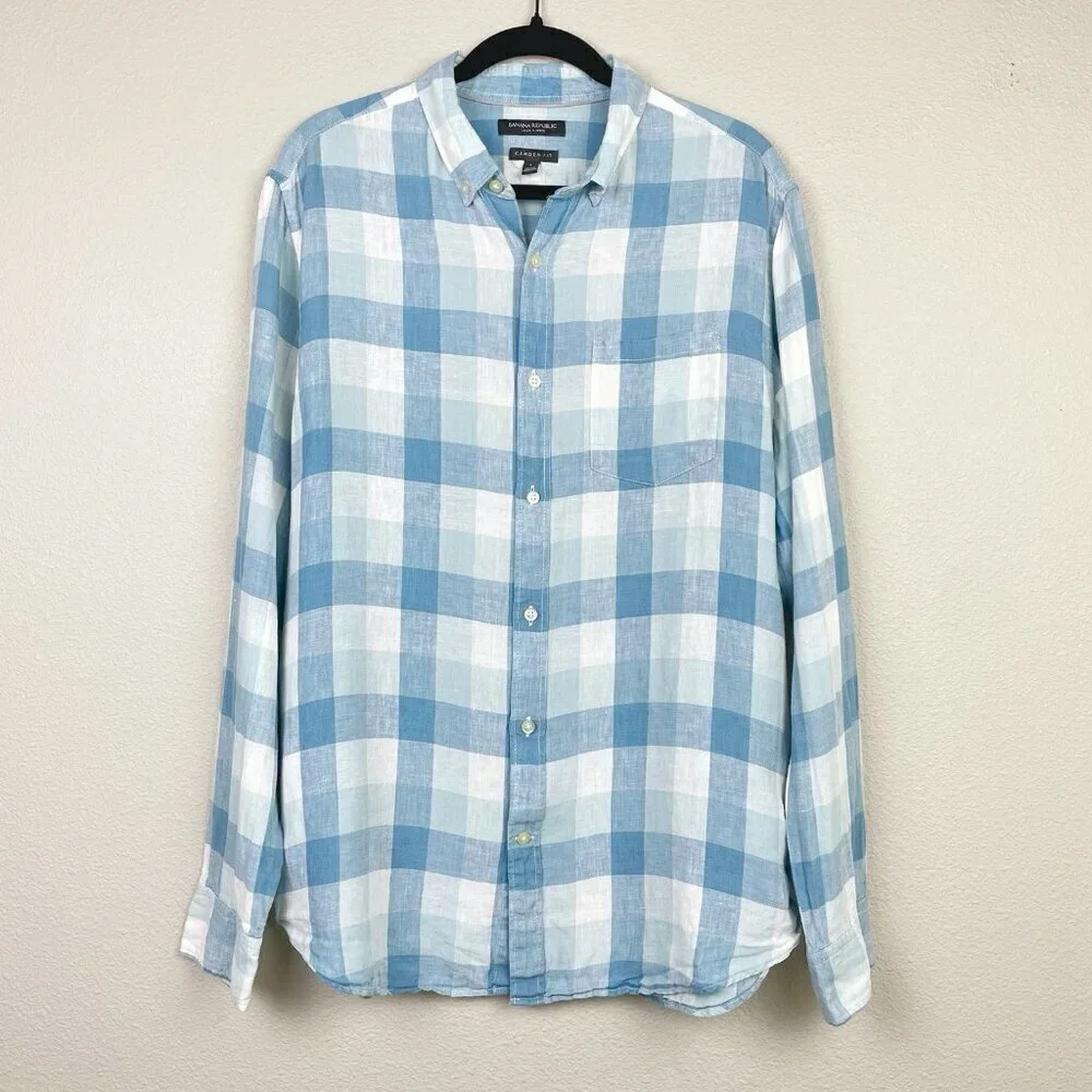 Banana Republic Men's Large Camden Fit 100% Linen Plaid Shirt Collare Button Blu